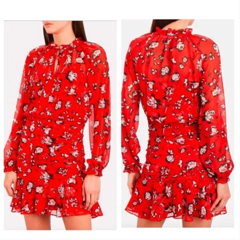 Veronica Beard Alena Mini Dress Silk Flounce Floral Long Sleeve Red Plus Size 14